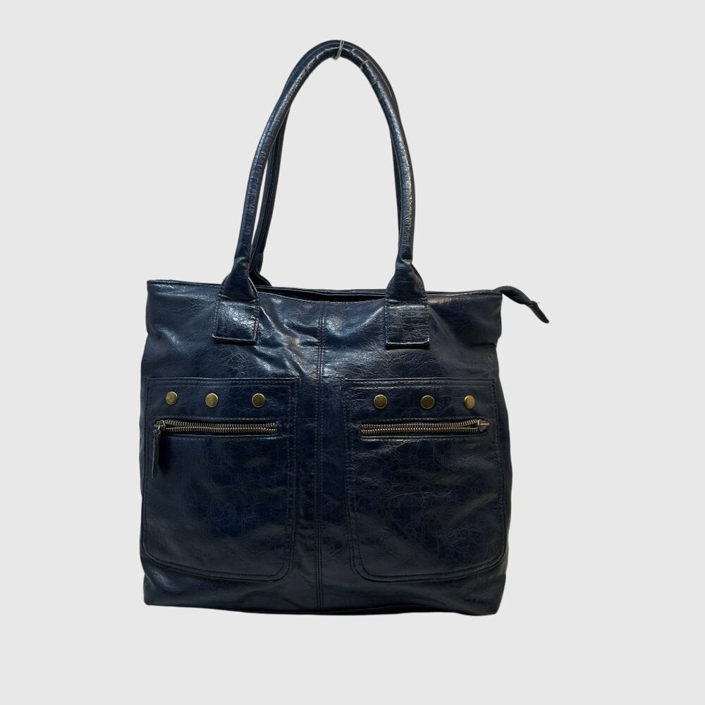 Mark Women’s Large Navy Faux Leather Tote Bag with Front Zip Pockets